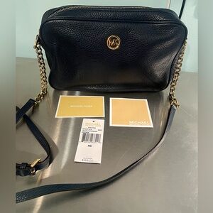 Michael Kors Navy Leather Fulton Crossbody with Chain & Leather